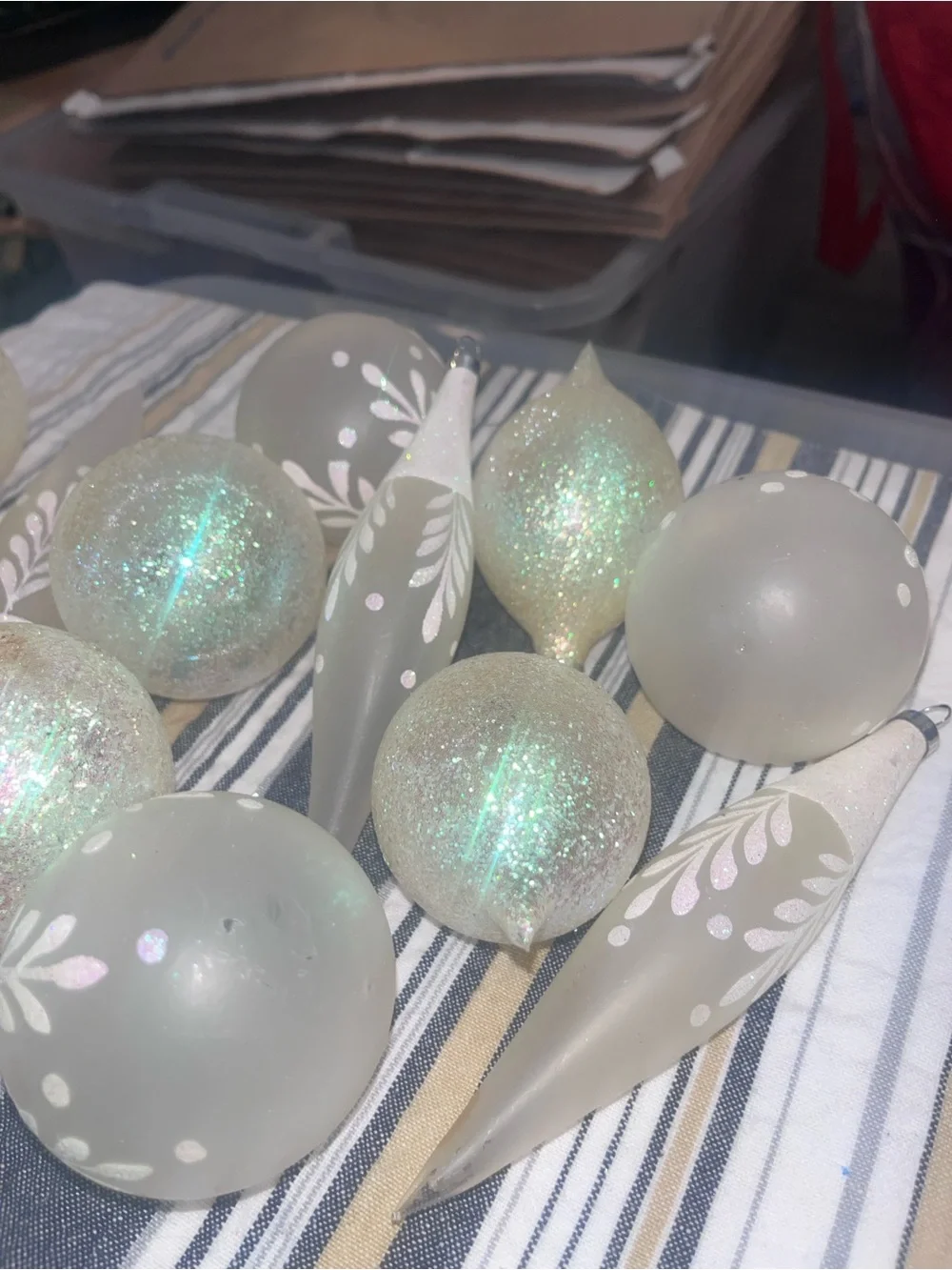 Hand-Painted Gray and Glitter Christmas Ornaments - Set of VTG Glass 166